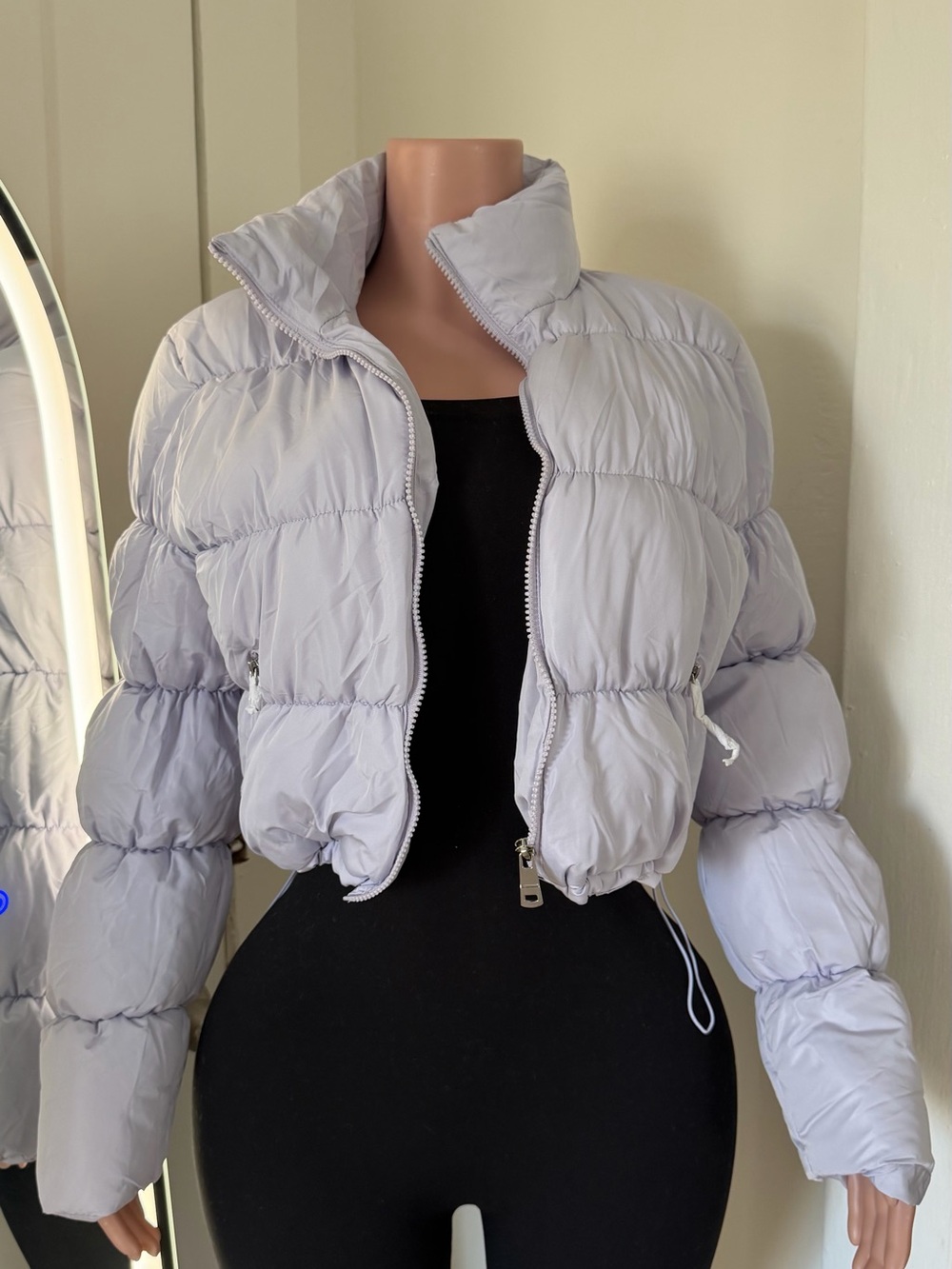 Cropped Light Grey Puffer Jacket - Women's